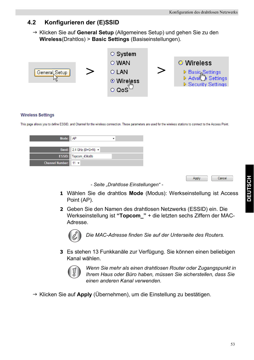 Topcom WBR 7201 N manual Konfigurieren der Essid 