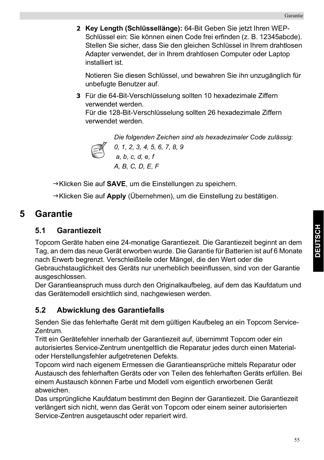 Topcom WBR 7201 N manual Garantiezeit, Abwicklung des Garantiefalls 