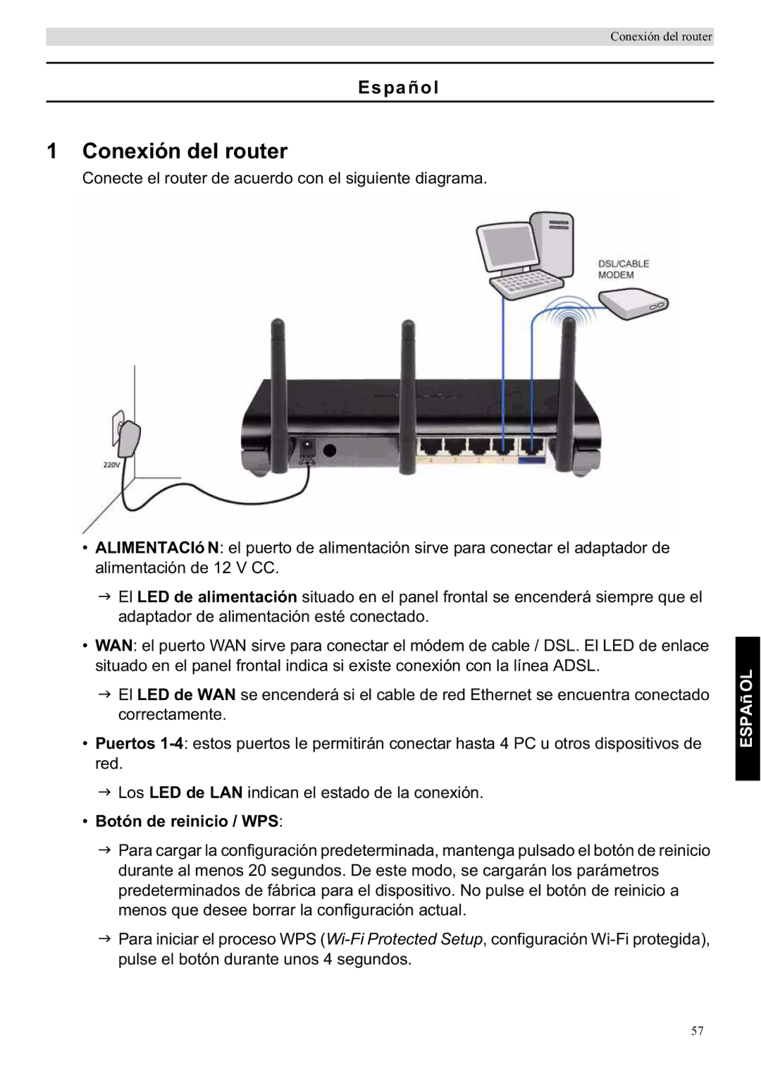 Topcom WBR 7201 N manual Conexión del router, Español, Botón de reinicio / WPS 