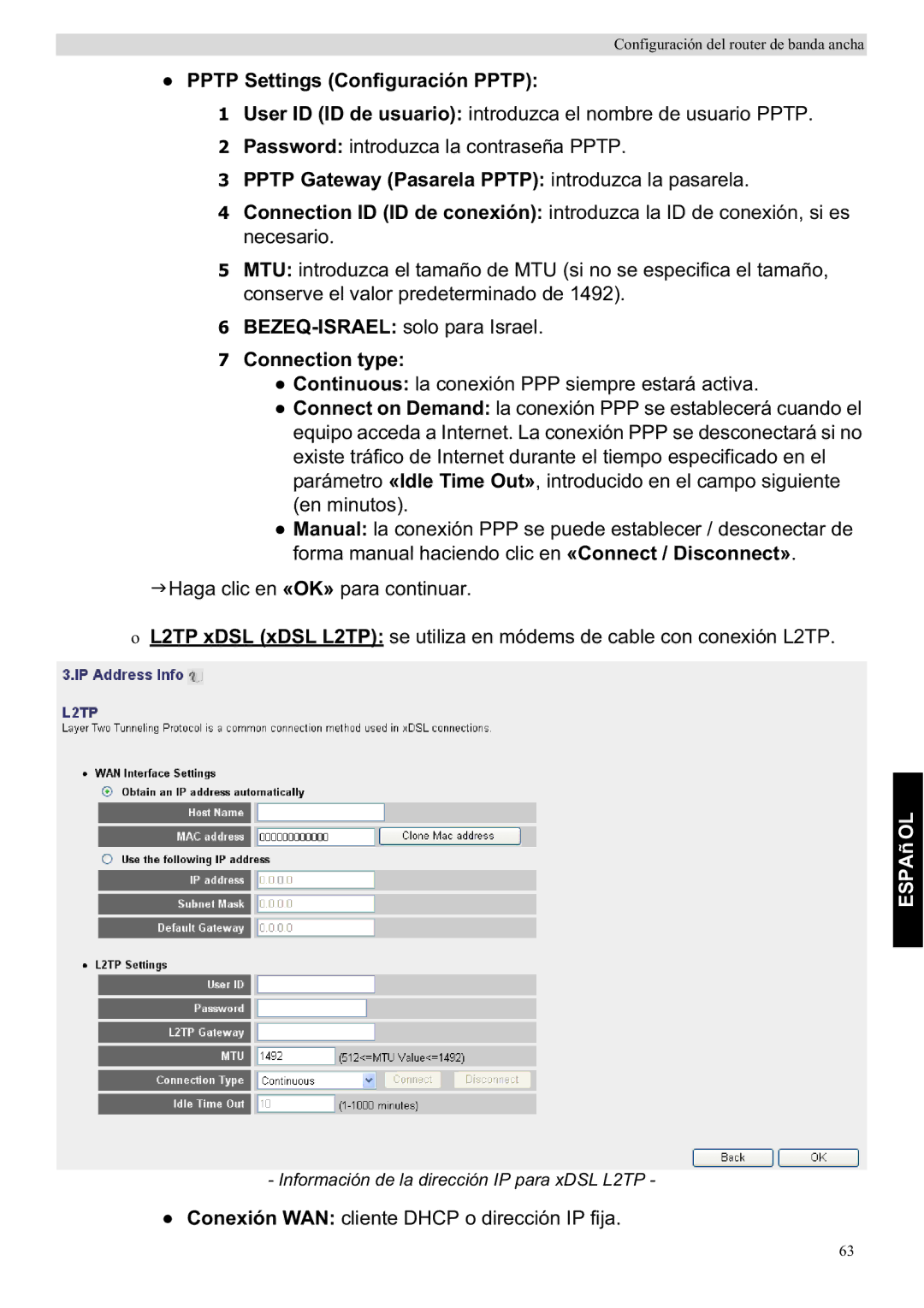 Topcom WBR 7201 N manual Pptp Settings Configuración Pptp, Pptp Gateway Pasarela Pptp introduzca la pasarela 