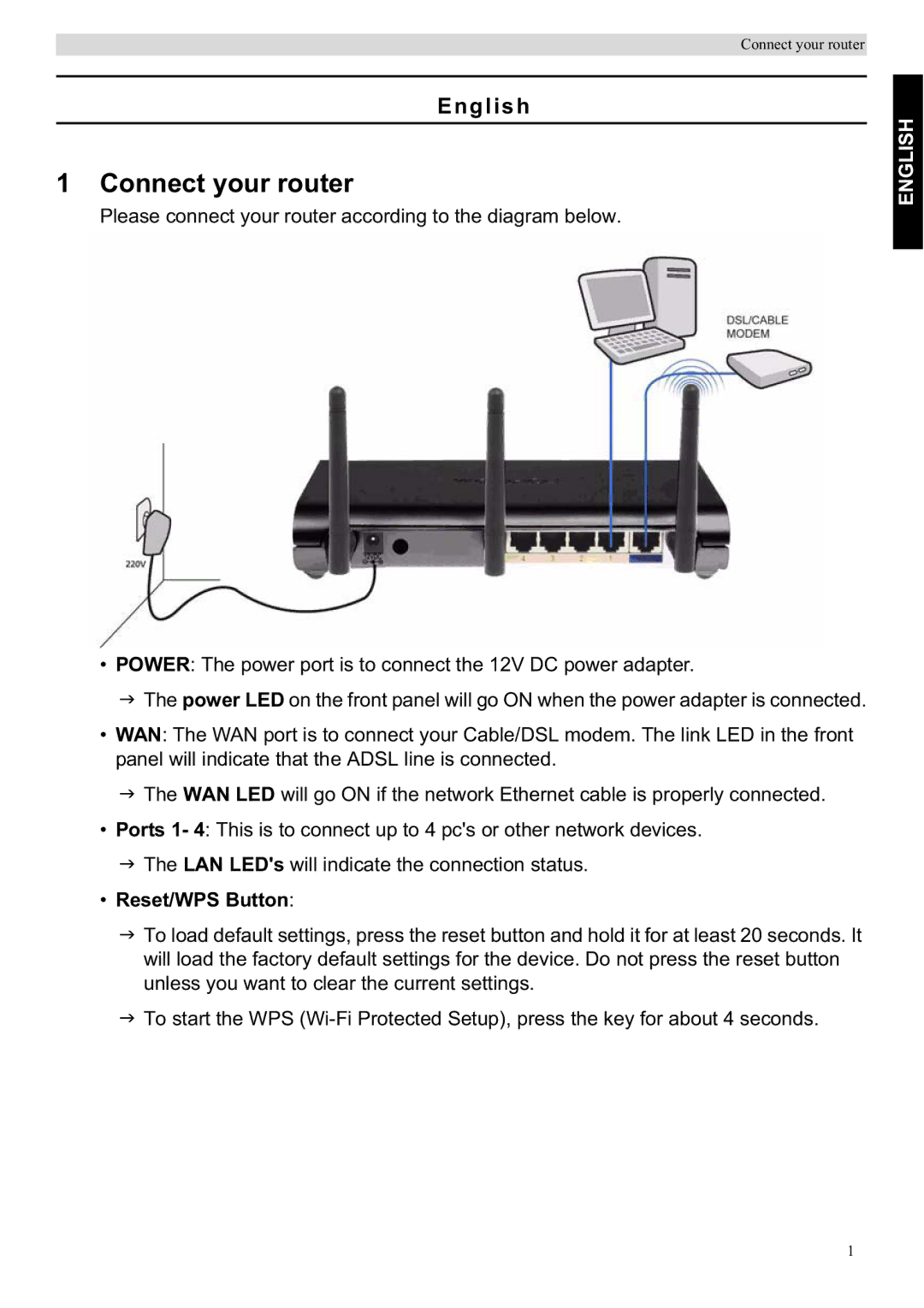 Topcom WBR 7201 N manual Connect your router, English, Reset/WPS Button 