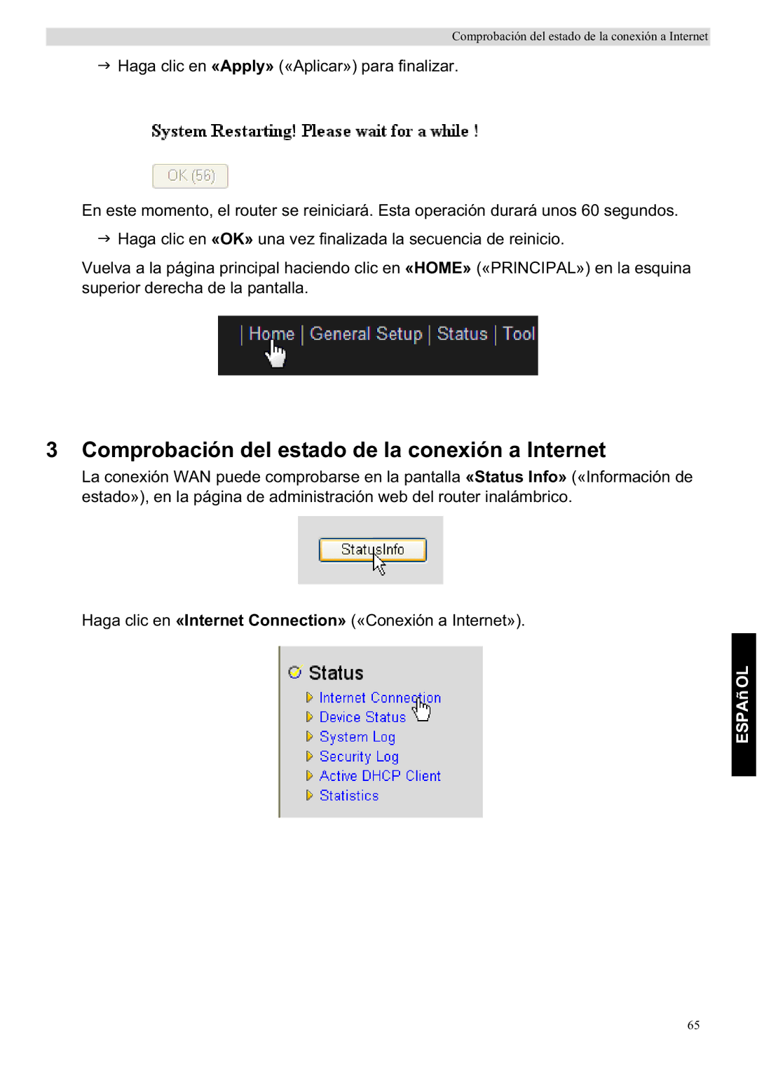 Topcom WBR 7201 N manual Comprobación del estado de la conexión a Internet 