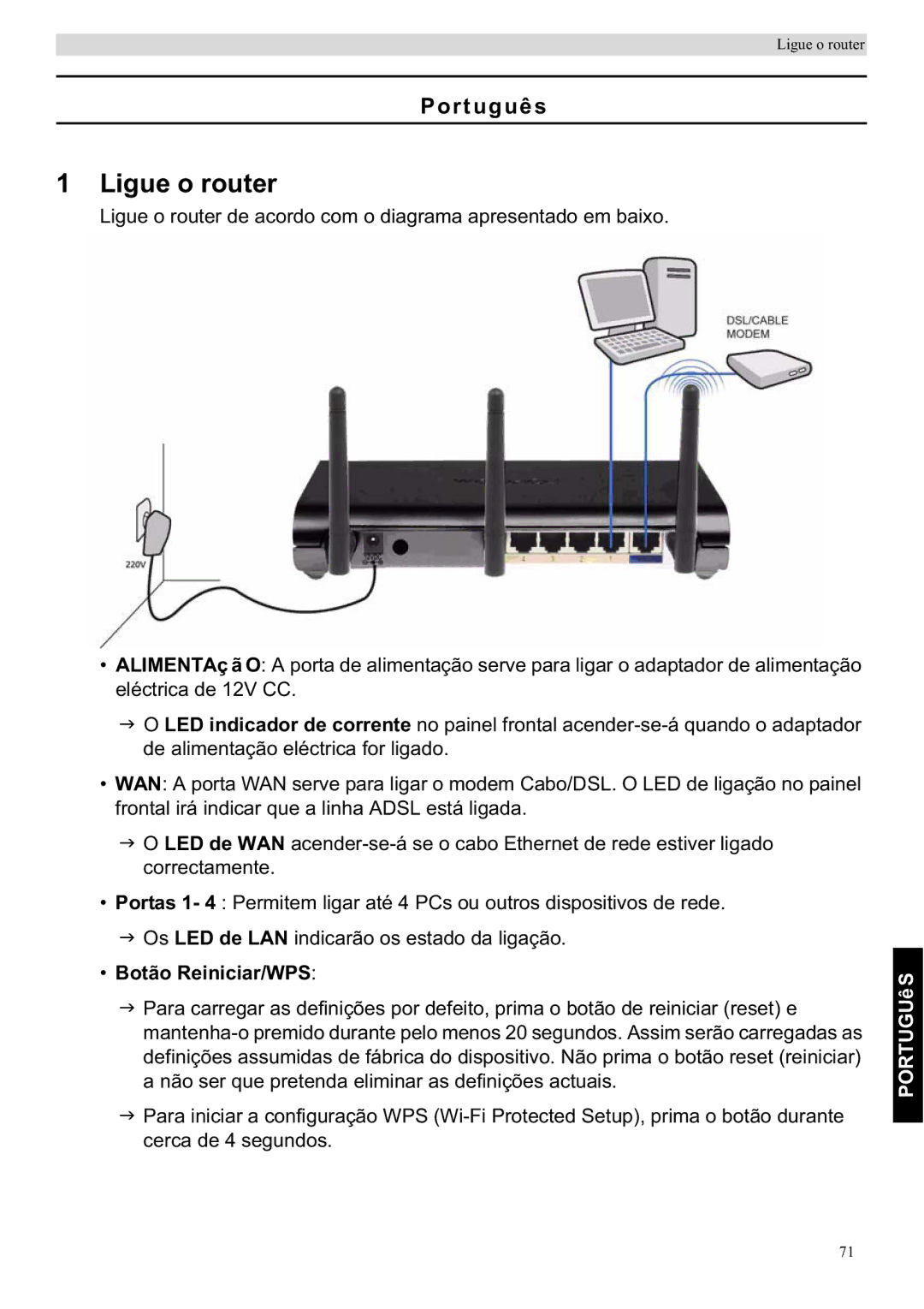 Topcom WBR 7201 N manual Ligue o router, Português, Botão Reiniciar/WPS 