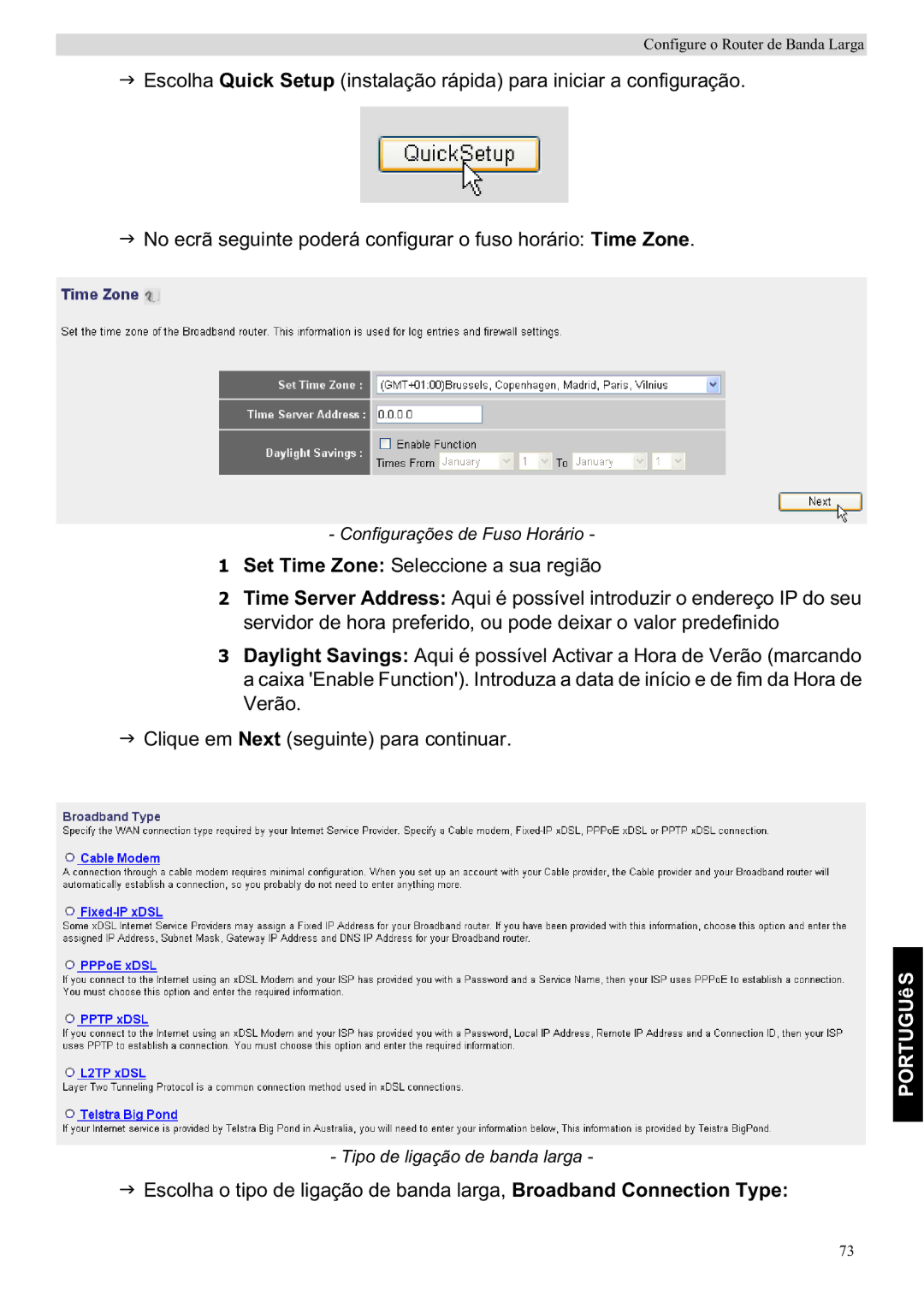 Topcom WBR 7201 N manual Configurações de Fuso Horário 