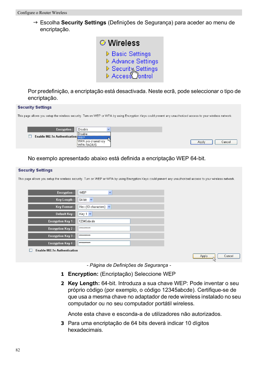 Topcom WBR 7201 N manual Página de Definições de Segurança 