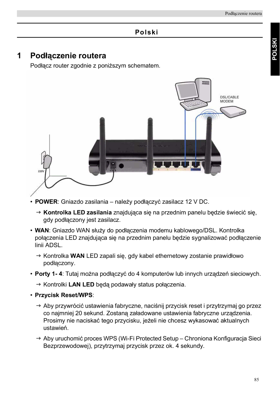 Topcom WBR 7201 N manual Podutera, Polski, Przycisk Reset/WPS 