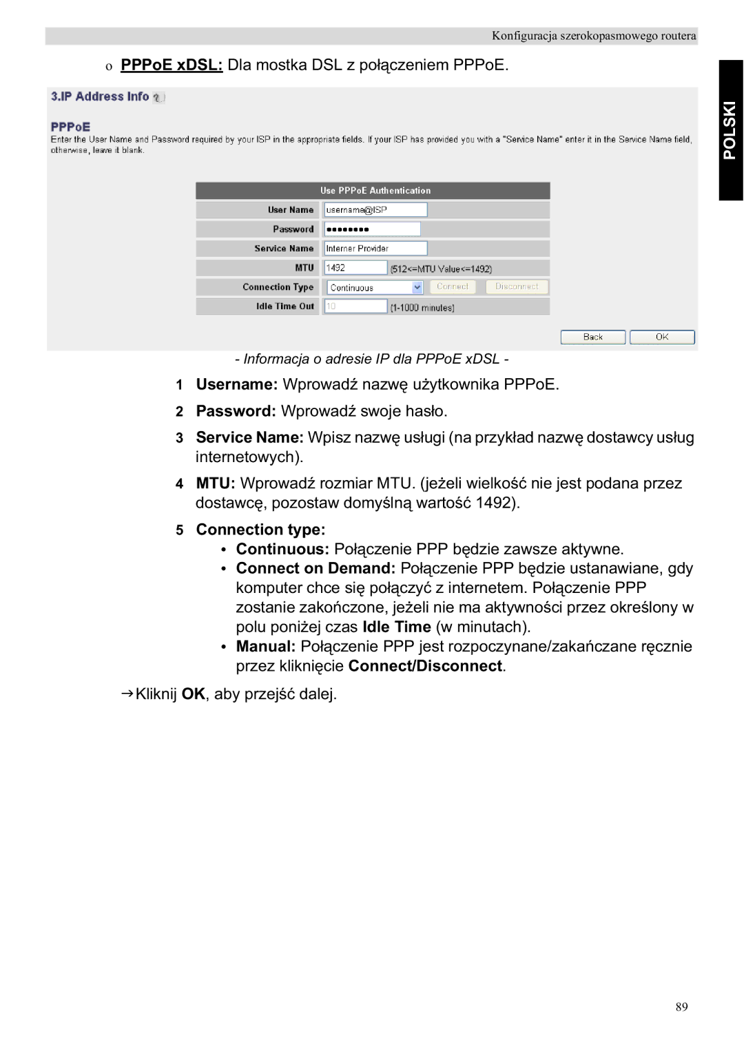 Topcom WBR 7201 N manual PPPoE xDSL Dla mostka DSL z poPoE 