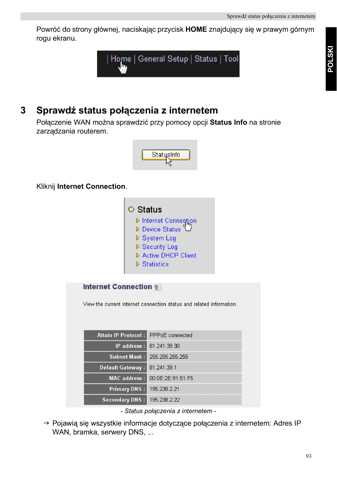 Topcom WBR 7201 N manual Sprawd, Kliknij Internet Connection 