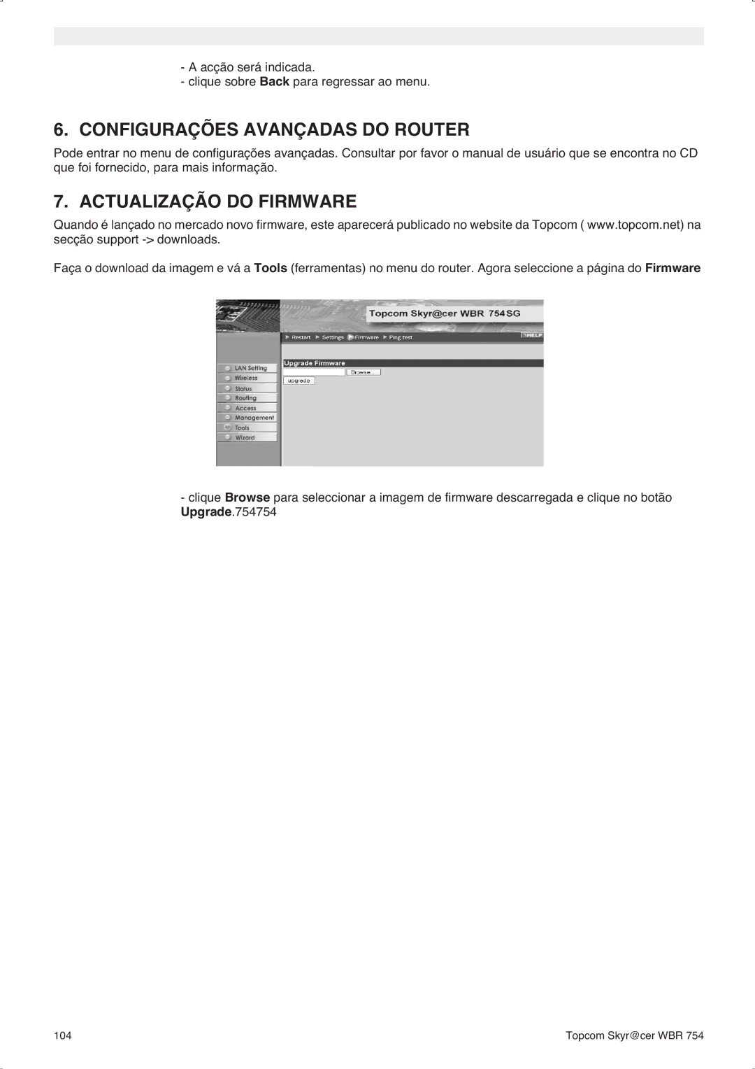 Topcom WBR 754SG manual do utilizador Configurações Avançadas do Router, Actualização do Firmware 