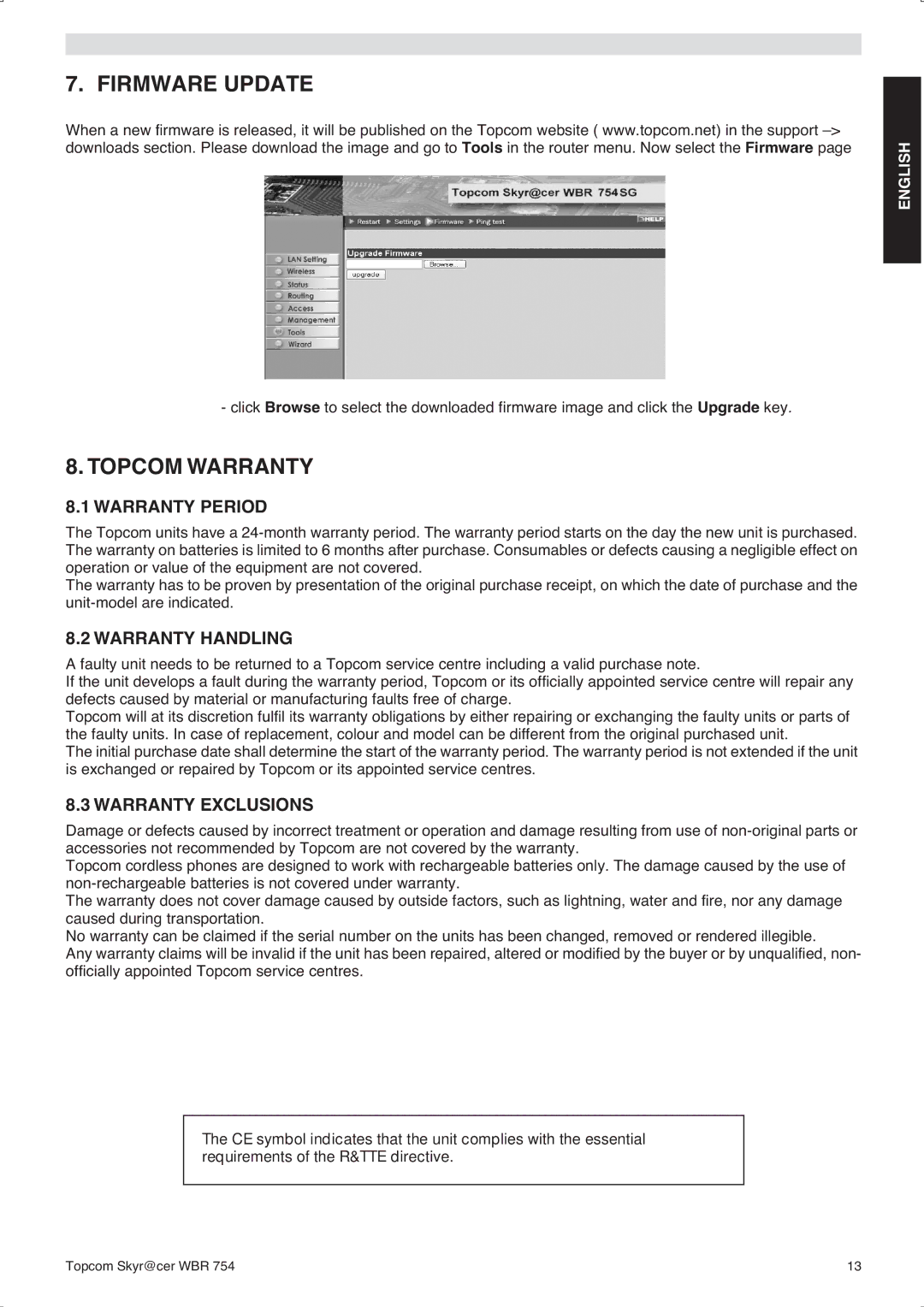 Topcom WBR 754SG Firmware Update, Topcom Warranty, Warranty Period, Warranty Handling, Warranty Exclusions 