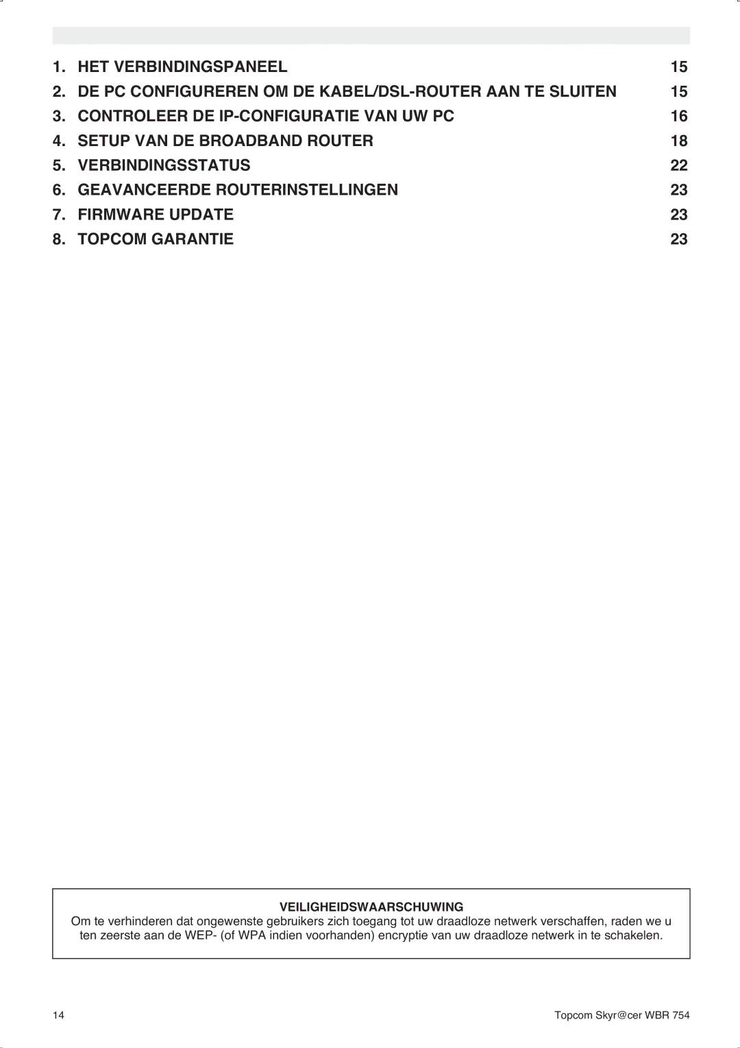 Topcom WBR 754SG manual do utilizador Veiligheidswaarschuwing 