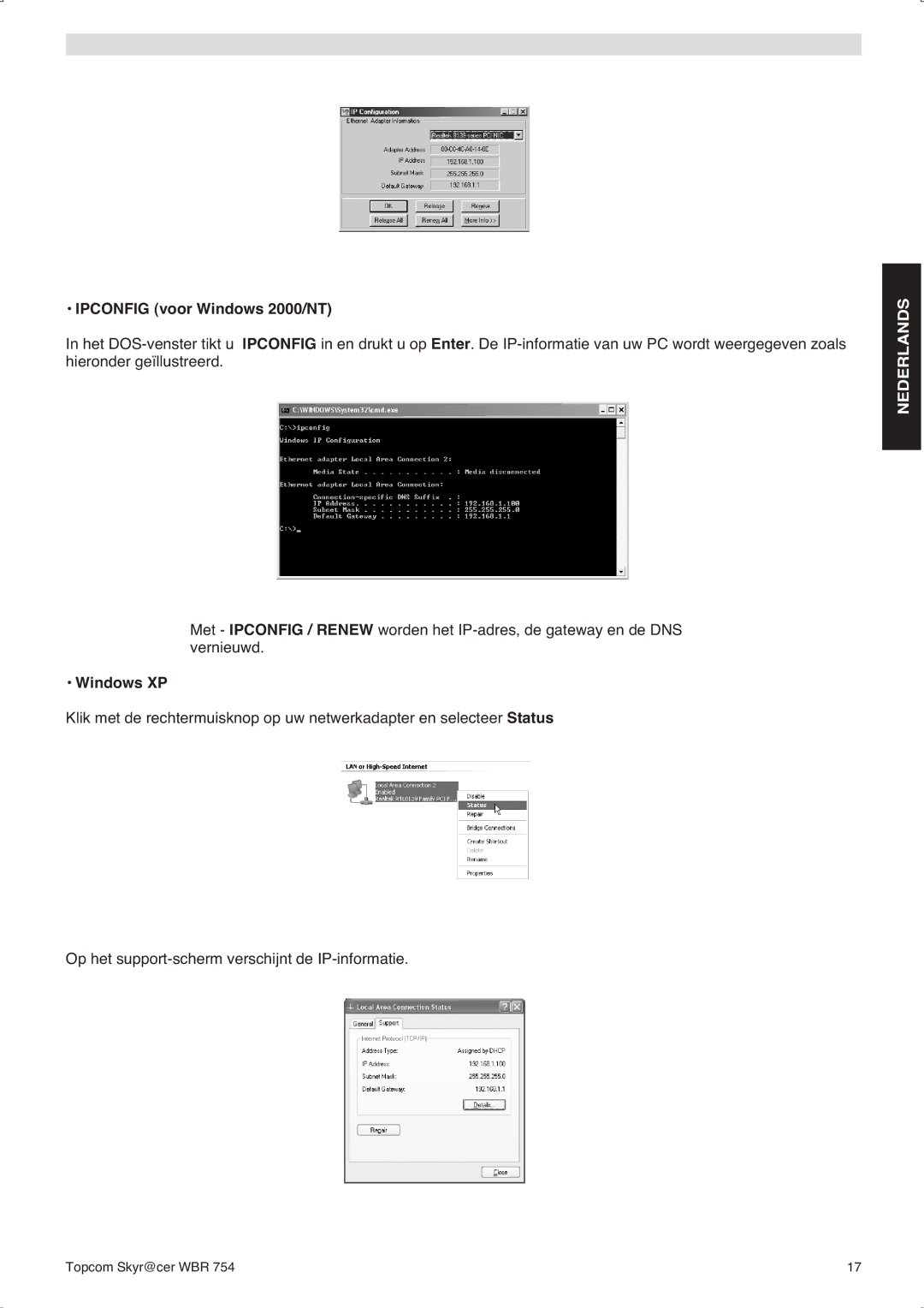 Topcom WBR 754SG manual do utilizador Ipconfig voor Windows 2000/NT, Windows XP 