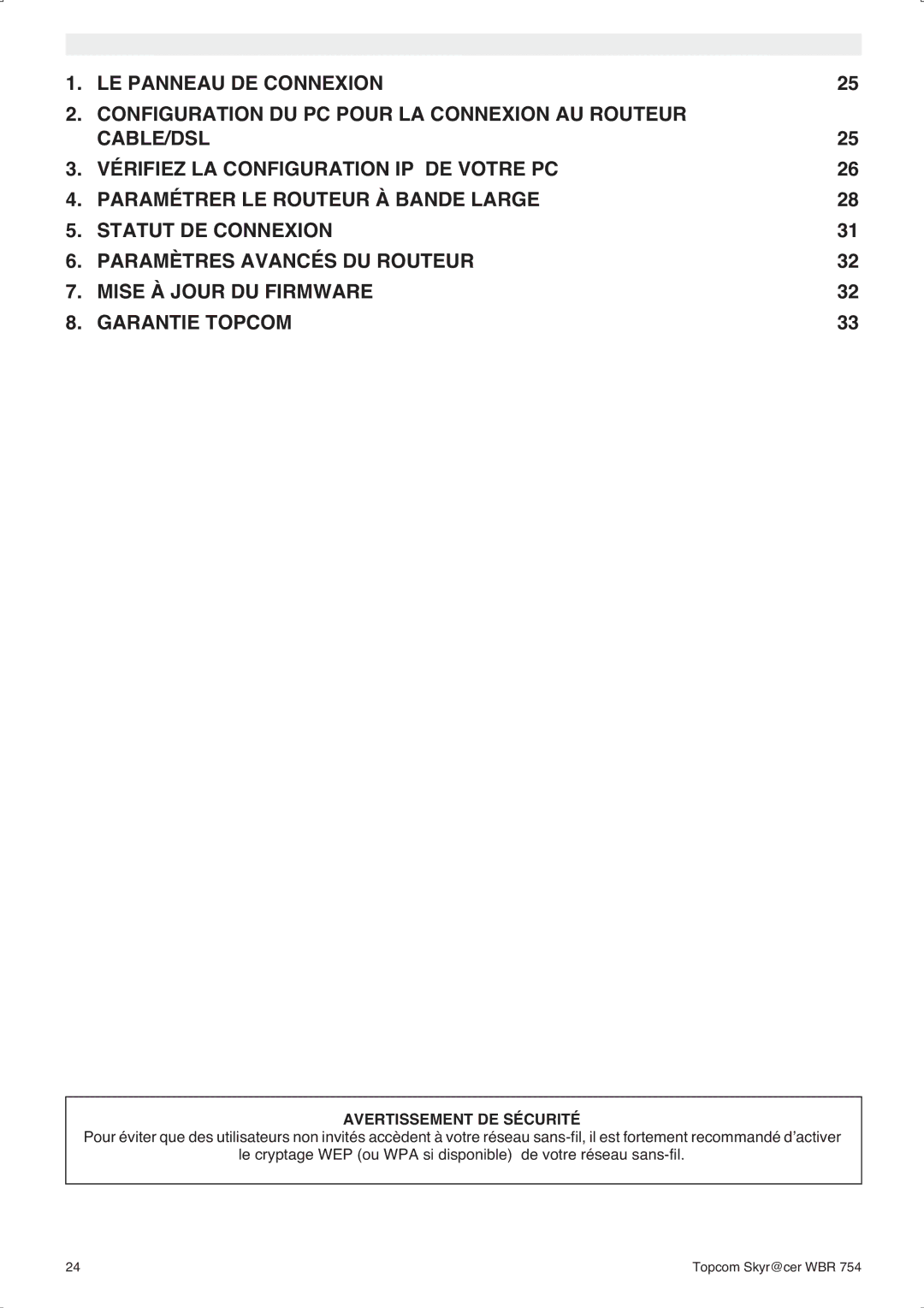 Topcom WBR 754SG manual do utilizador Avertissement DE Sécurité 