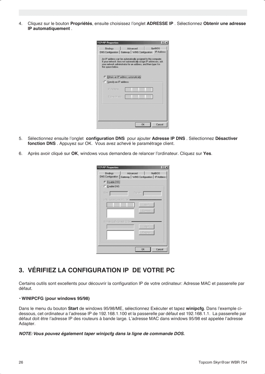 Topcom WBR 754SG manual do utilizador Vérifiez LA Configuration IP DE Votre PC, Winipcfg pour windows 95/98 