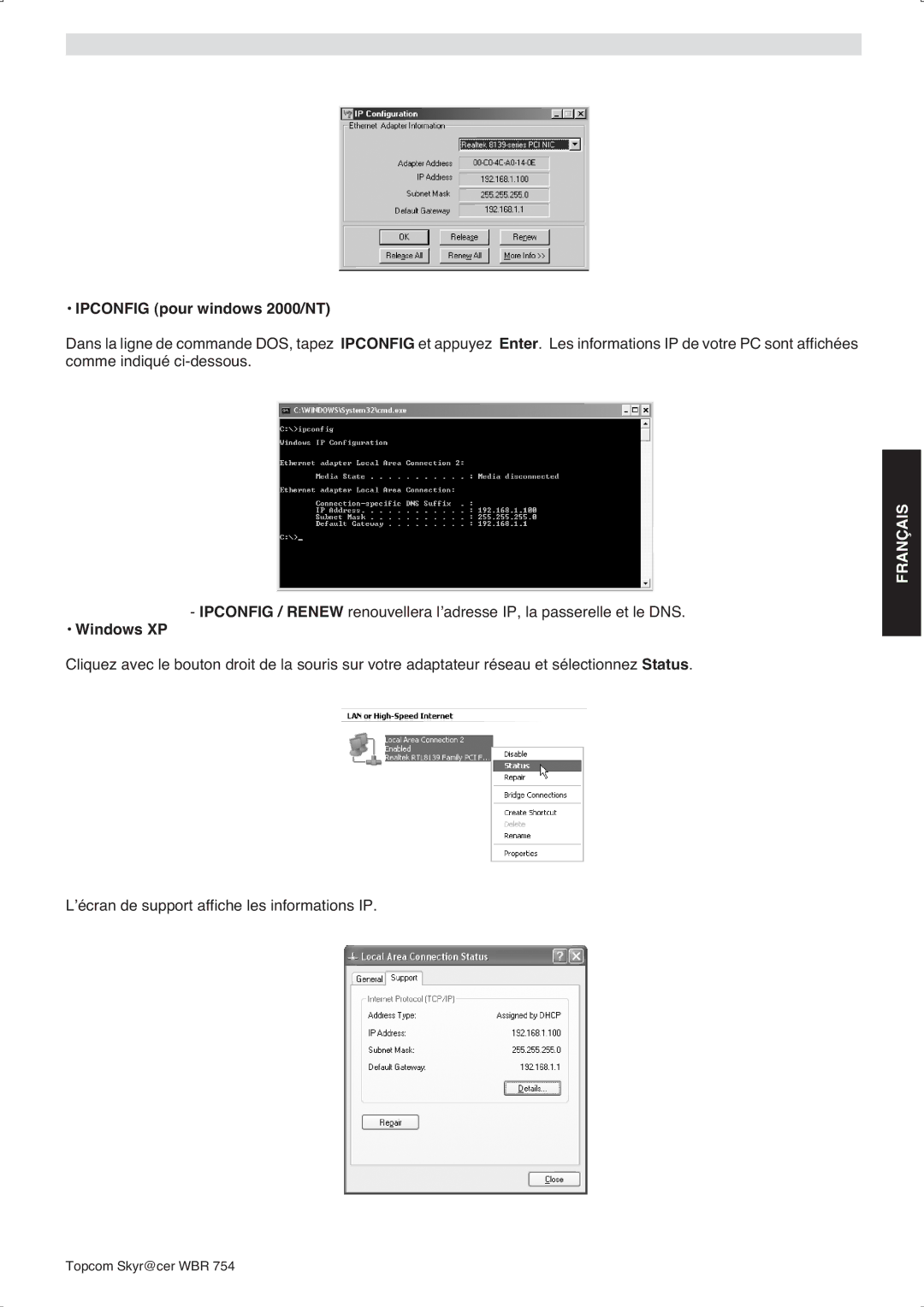 Topcom WBR 754SG manual do utilizador Ipconfig pour windows 2000/NT, Windows XP 