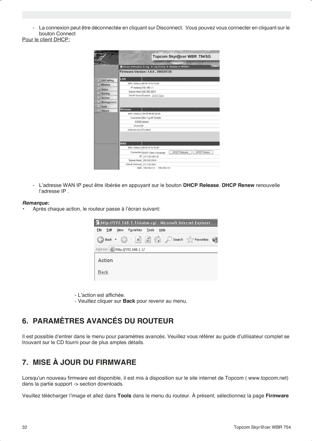 Topcom WBR 754SG manual do utilizador Paramètres Avancés DU Routeur, Mise À Jour DU Firmware 