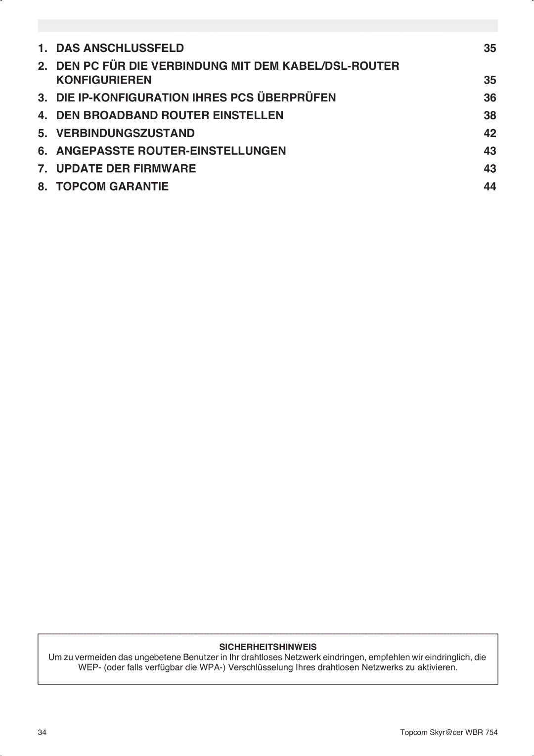 Topcom WBR 754SG manual do utilizador Sicherheitshinweis 