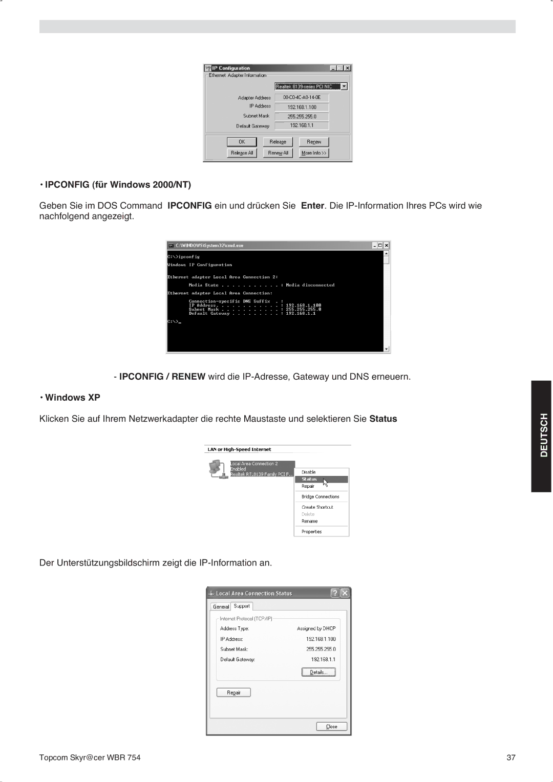 Topcom WBR 754SG manual do utilizador Ipconfig für Windows 2000/NT, Windows XP 