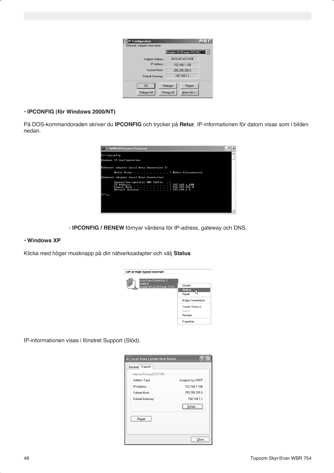 Topcom WBR 754SG manual do utilizador Ipconfig för Windows 2000/NT, Windows XP 