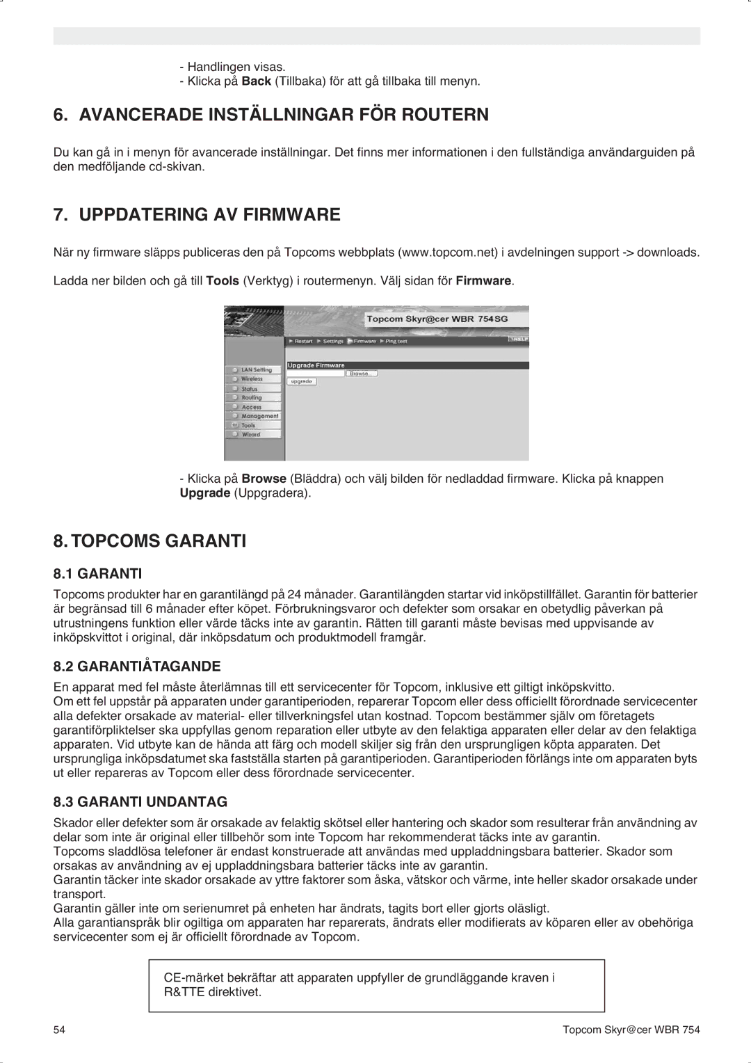 Topcom WBR 754SG manual do utilizador Avancerade Inställningar FÖR Routern, Uppdatering AV Firmware, Topcoms Garanti 