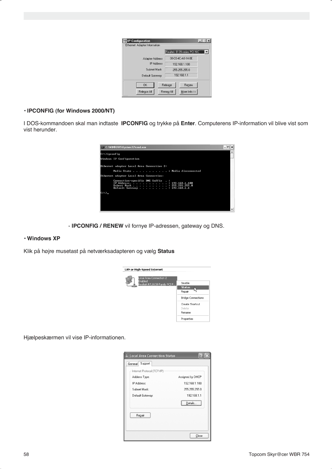 Topcom WBR 754SG manual do utilizador Ipconfig for Windows 2000/NT 