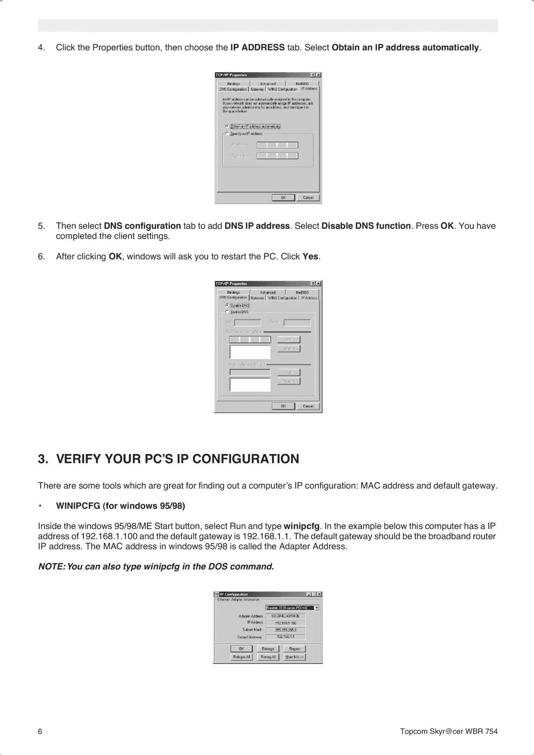 Topcom WBR 754SG manual do utilizador Verify Your PC’S IP Configuration, Winipcfg for windows 95/98 