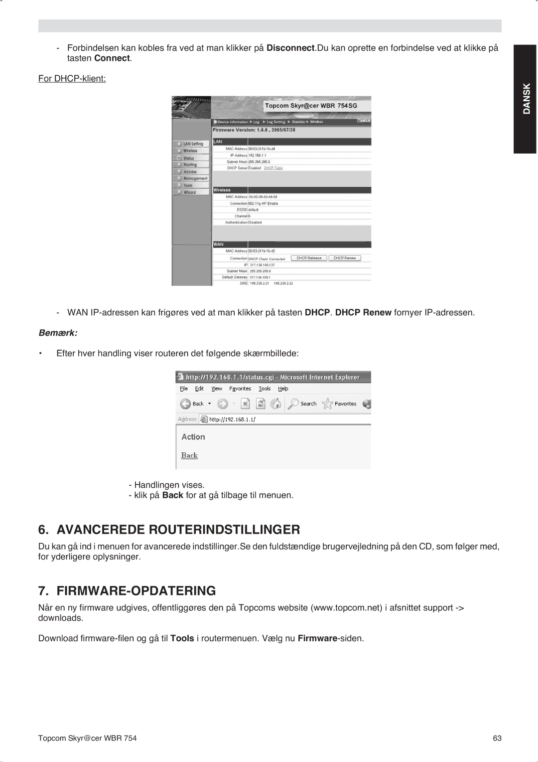 Topcom WBR 754SG manual do utilizador Avancerede Routerindstillinger, Firmware-Opdatering 