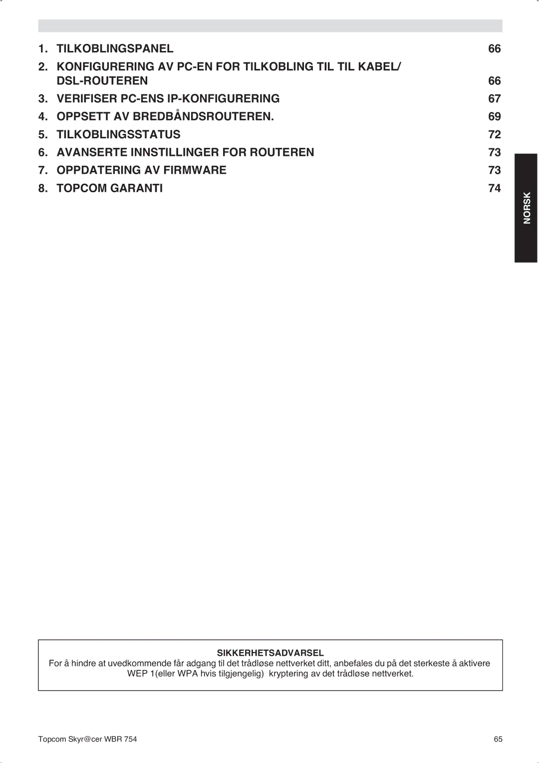 Topcom WBR 754SG manual do utilizador Norsk, Sikkerhetsadvarsel 