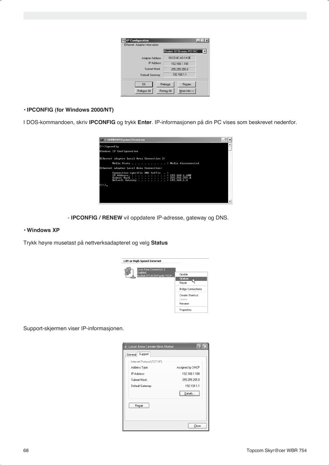 Topcom WBR 754SG manual do utilizador Ipconfig for Windows 2000/NT 