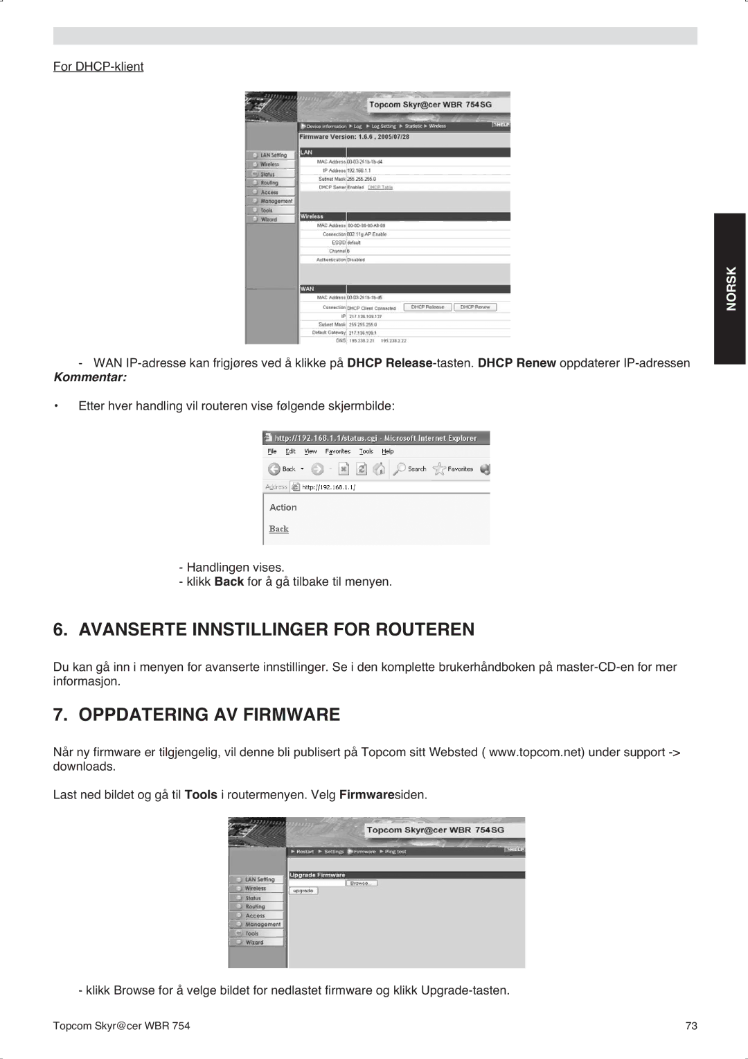 Topcom WBR 754SG manual do utilizador Avanserte Innstillinger for Routeren, Oppdatering AV Firmware 