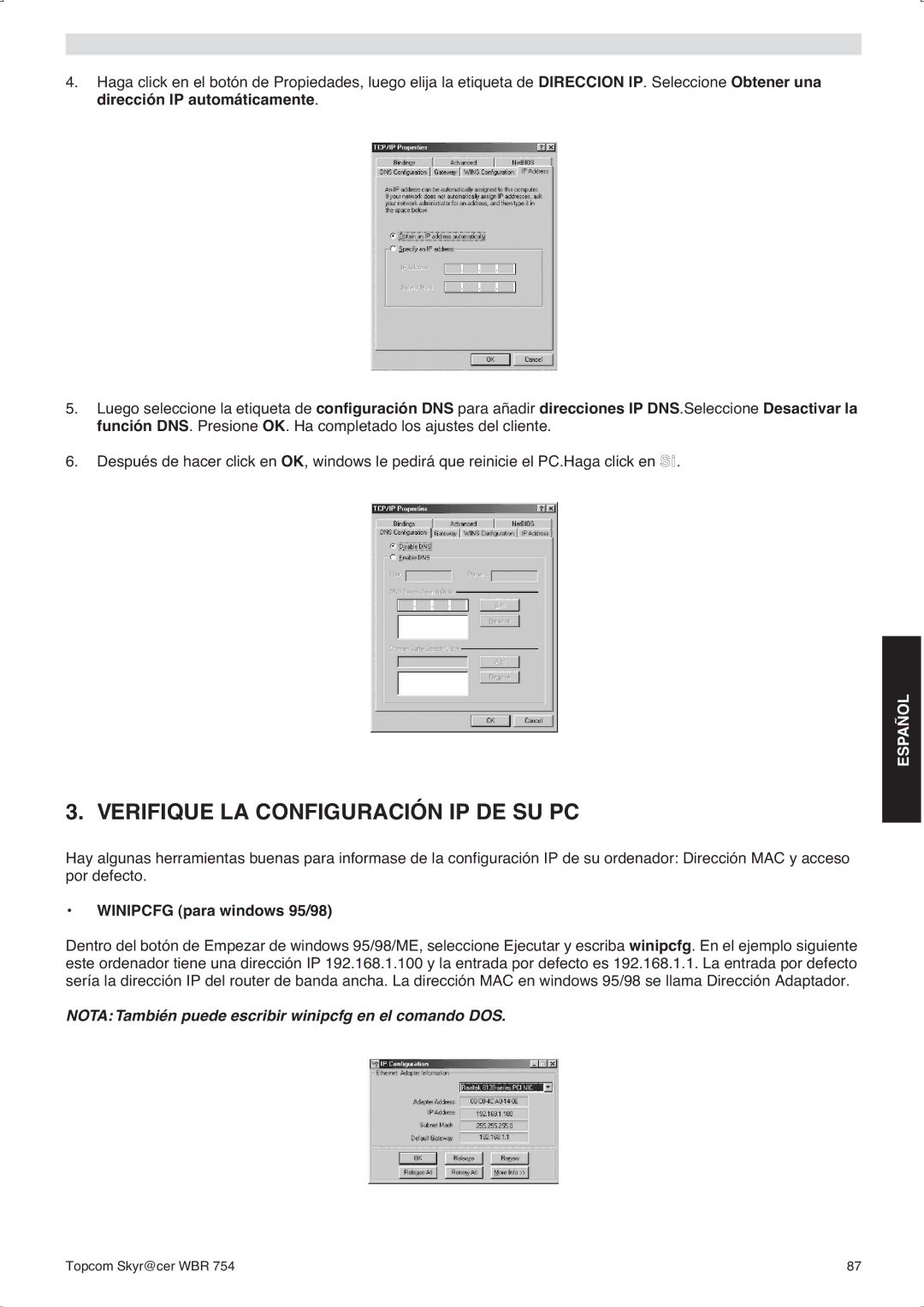 Topcom WBR 754SG manual do utilizador Verifique LA Configuración IP DE SU PC, Winipcfg para windows 95/98 