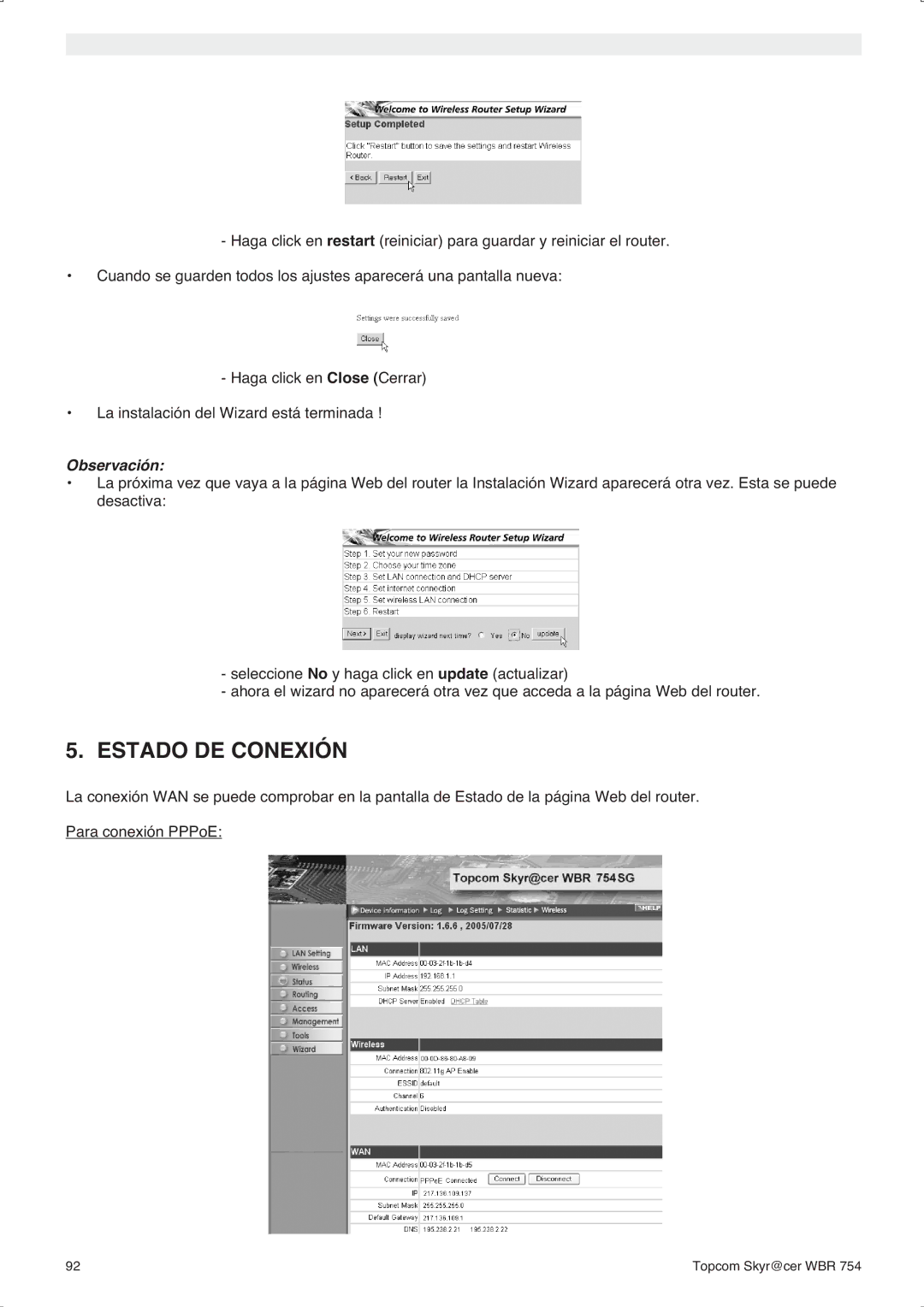 Topcom WBR 754SG manual do utilizador Estado DE Conexión, Observación 