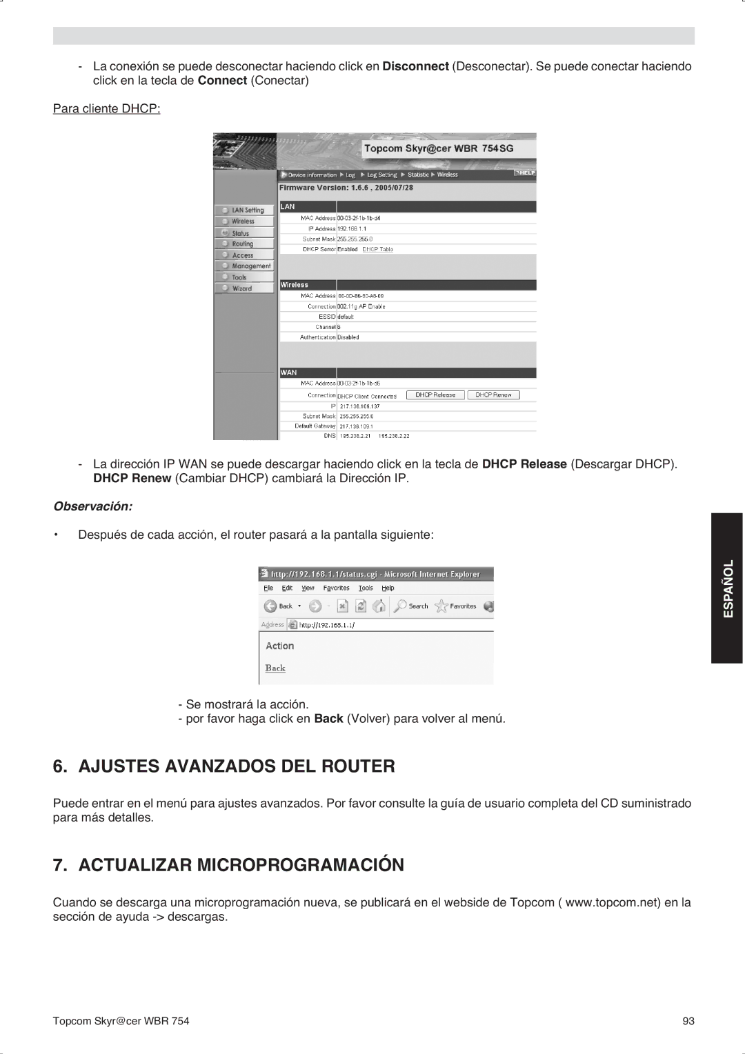 Topcom WBR 754SG manual do utilizador Ajustes Avanzados DEL Router, Actualizar Microprogramación 