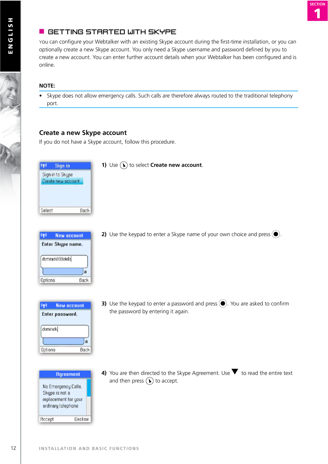 Topcom WEBTALKER 6000 manual Getting started with Skype, Create a new Skype account, Use to select Create new account 