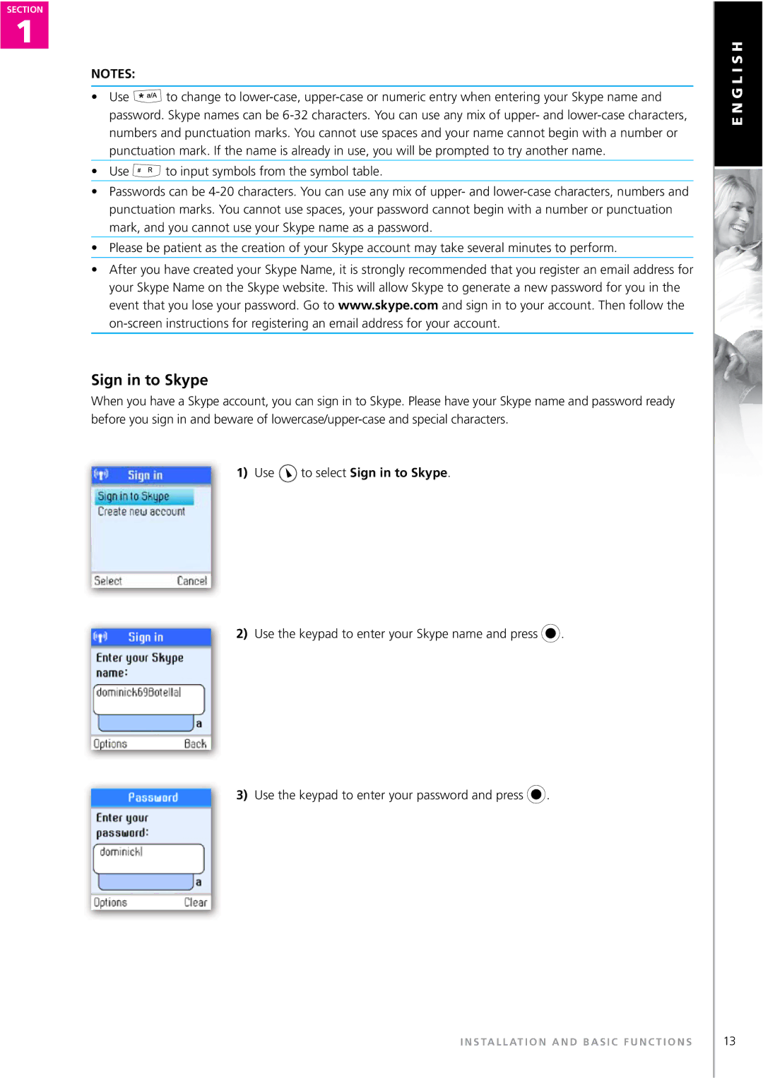 Topcom WEBTALKER 6000 manual Use to select Sign in to Skype 