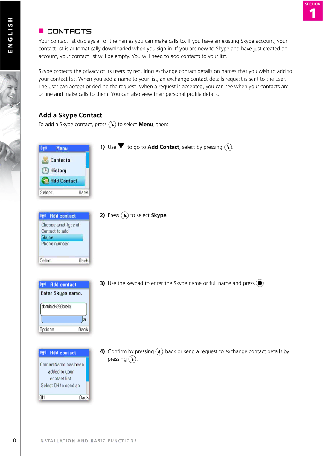 Topcom WEBTALKER 6000 manual Contacts, Add a Skype Contact 