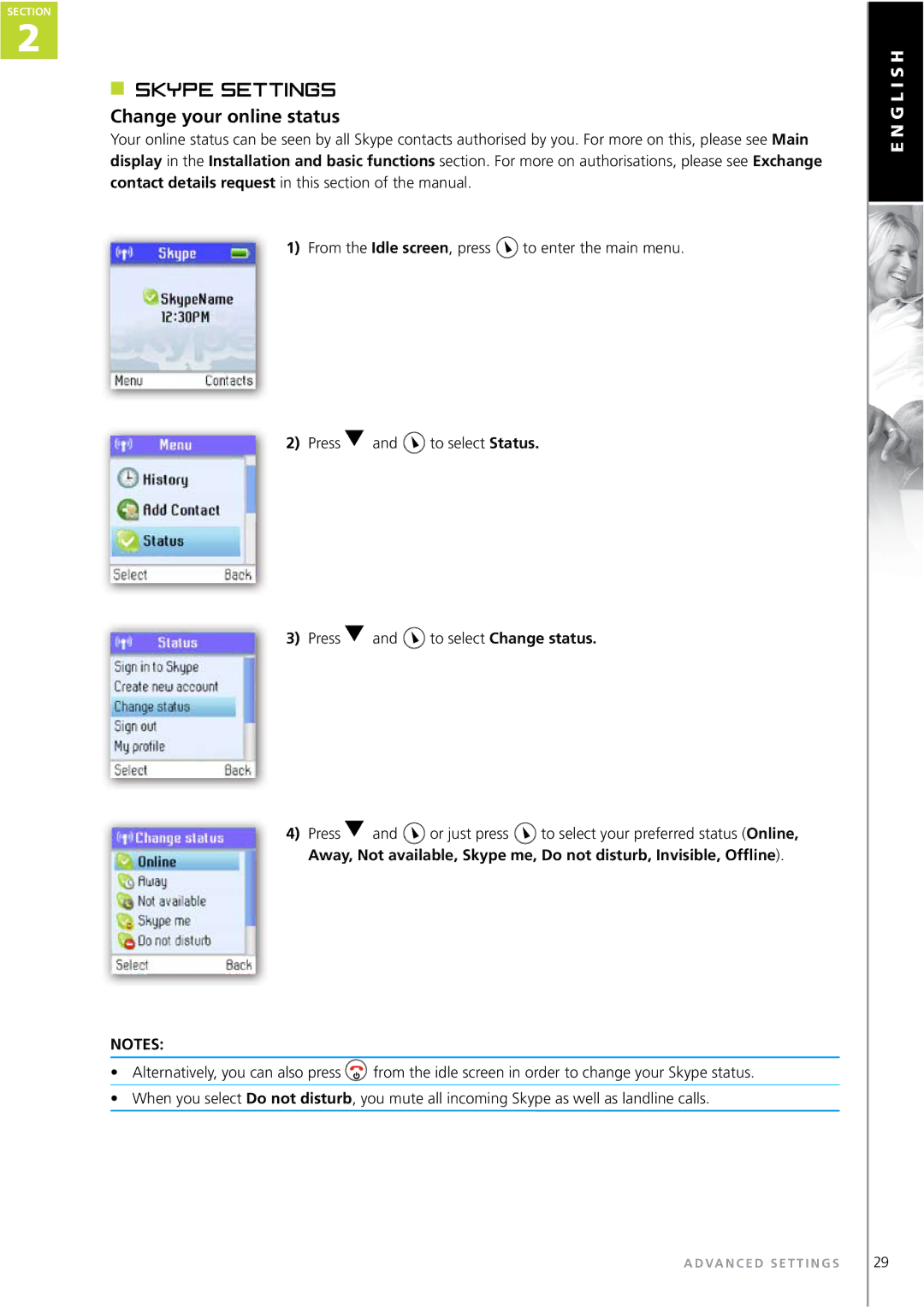 Topcom WEBTALKER 6000 manual Skype settings, Change your online status 