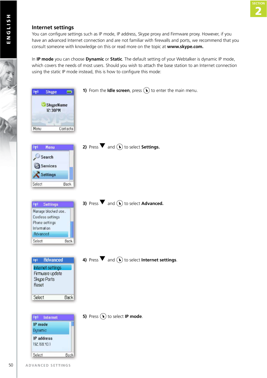 Topcom WEBTALKER 6000 manual To select Internet settings 