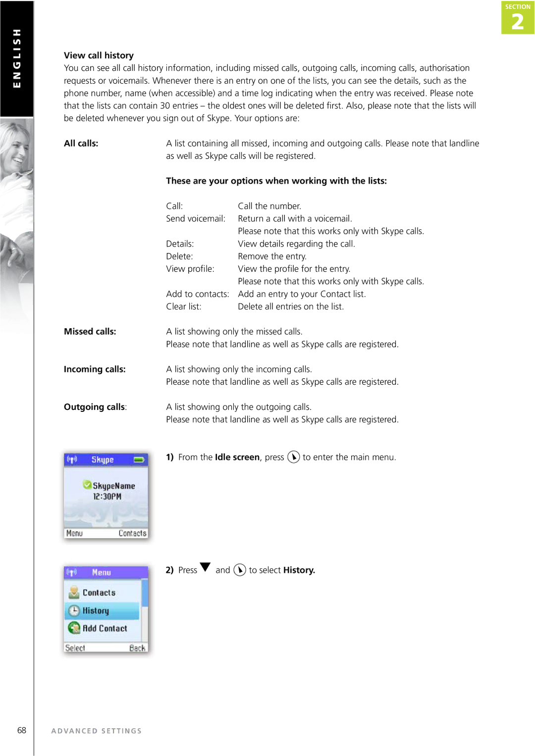 Topcom WEBTALKER 6000 manual View call history, All calls, These are your options when working with the lists, Missed calls 