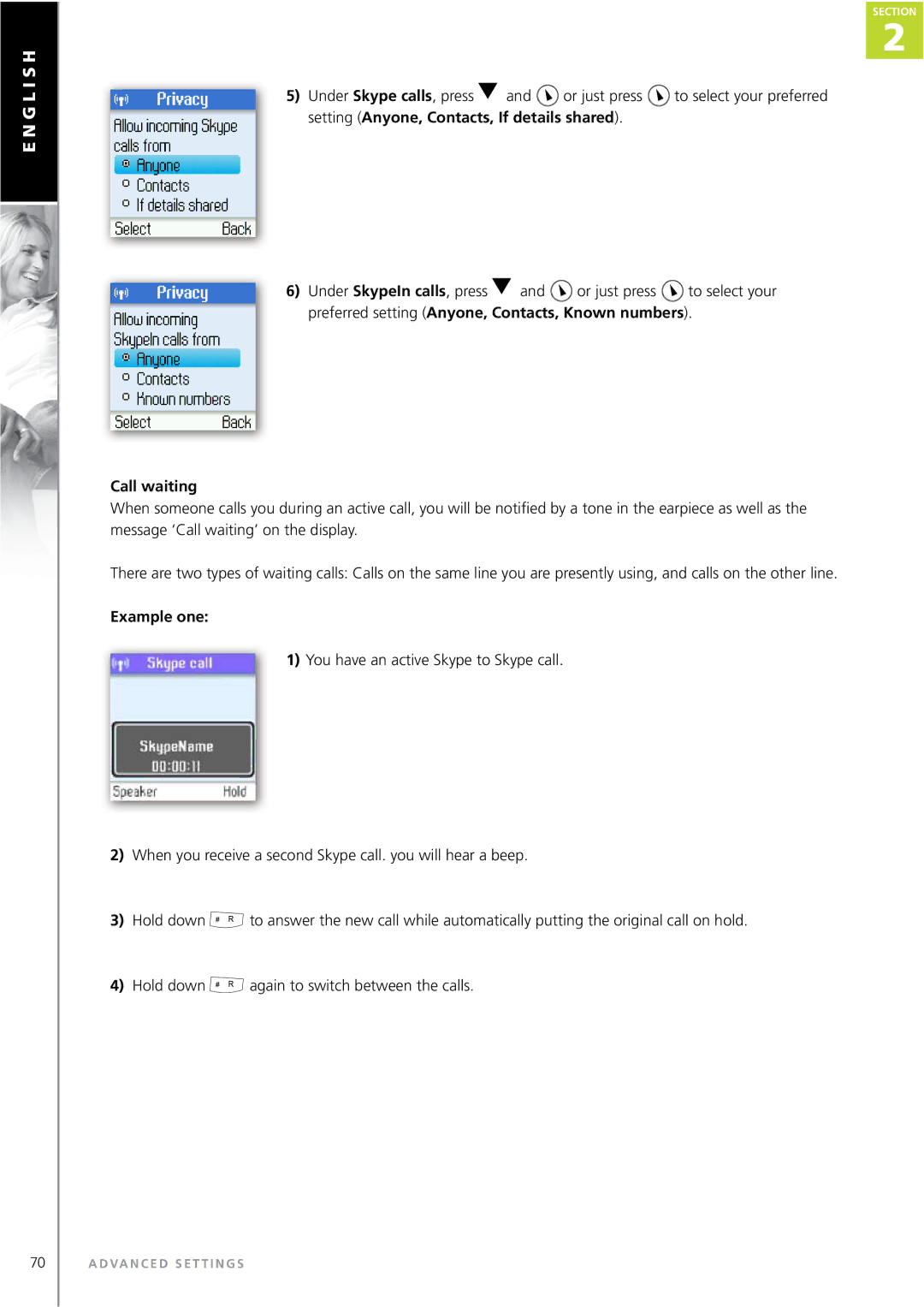 Topcom WEBTALKER 6000 manual Under Skype calls , press, Setting Anyone, Contacts, If details shared, Example one 