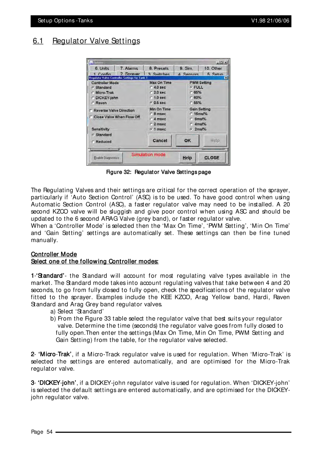 Topcom X20 manual Regulator Valve Settings 