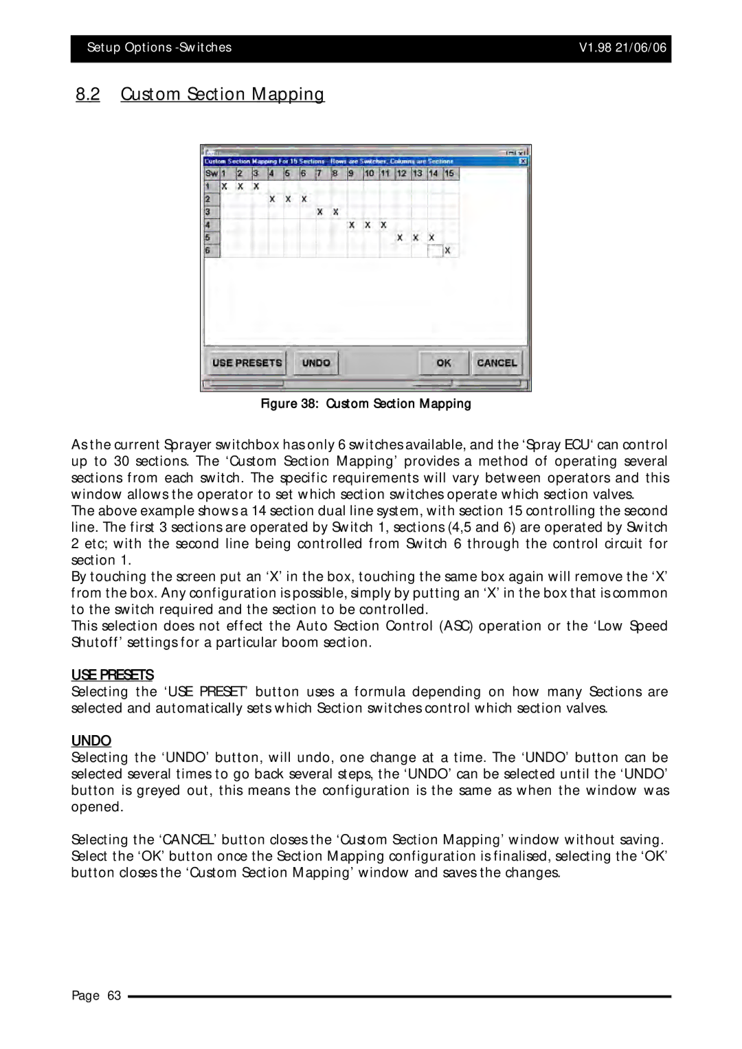 Topcom X20 manual Custom Section Mapping, USE Presets, Undo 