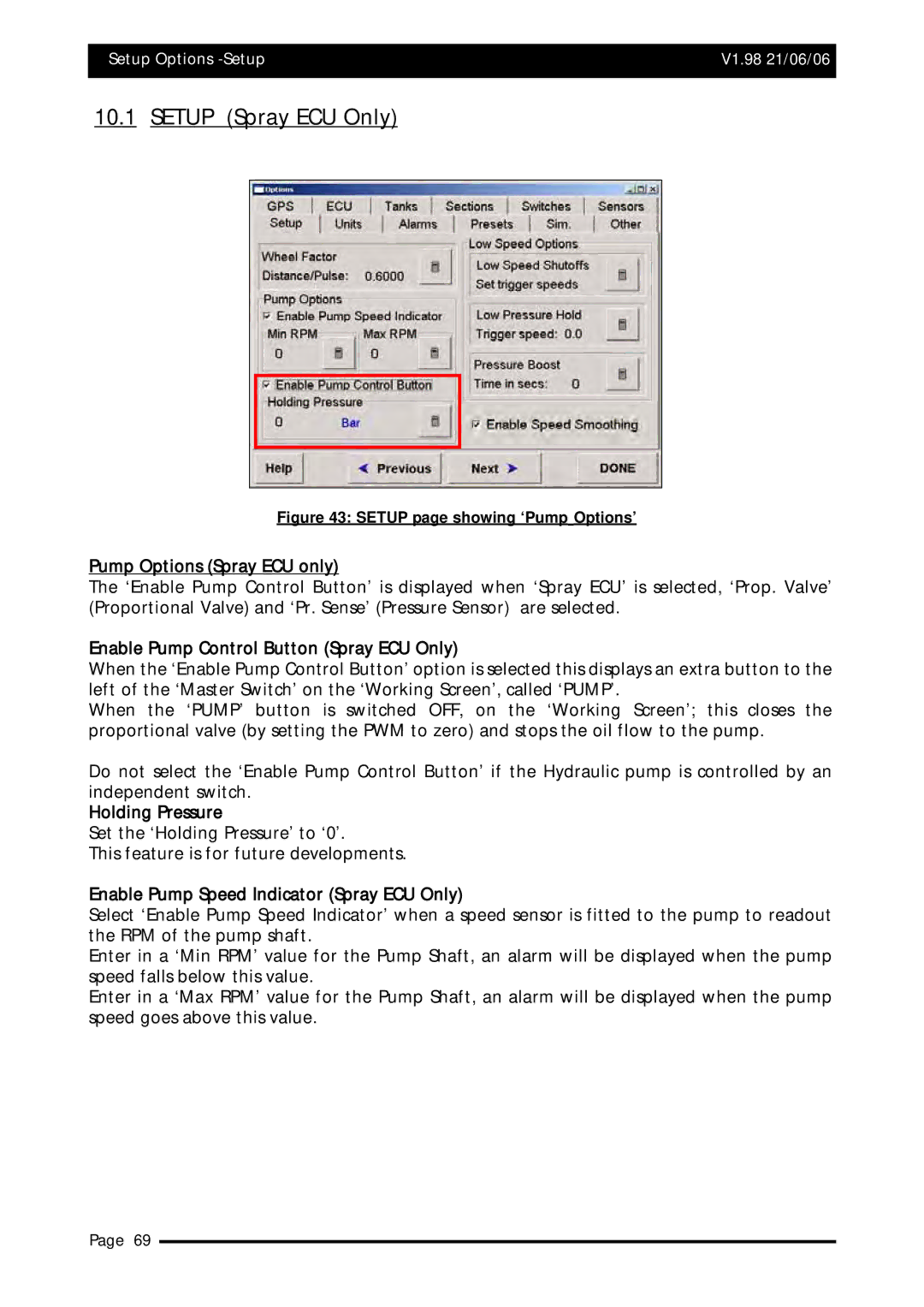 Topcom X20 manual Setup Spray ECU Only, Setup page showing ‘Pump Options’ 