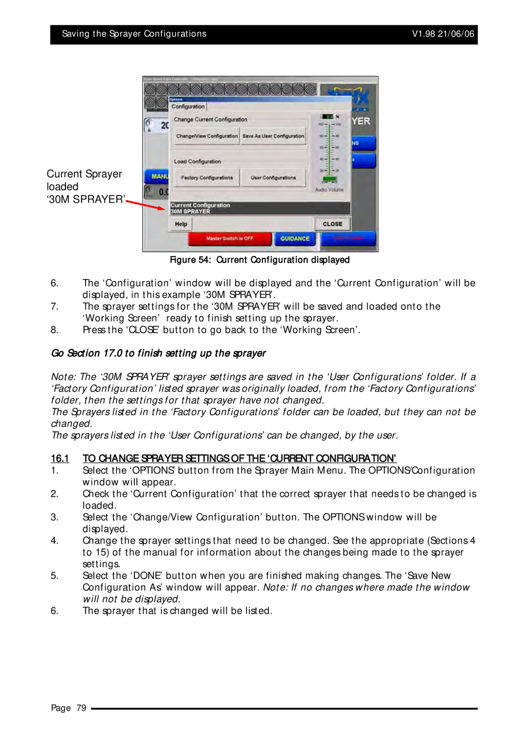 Topcom X20 manual ‘30M SPRAYER’, To Change Sprayer Settings of the ‘CURRENT CONFIGURATION’ 