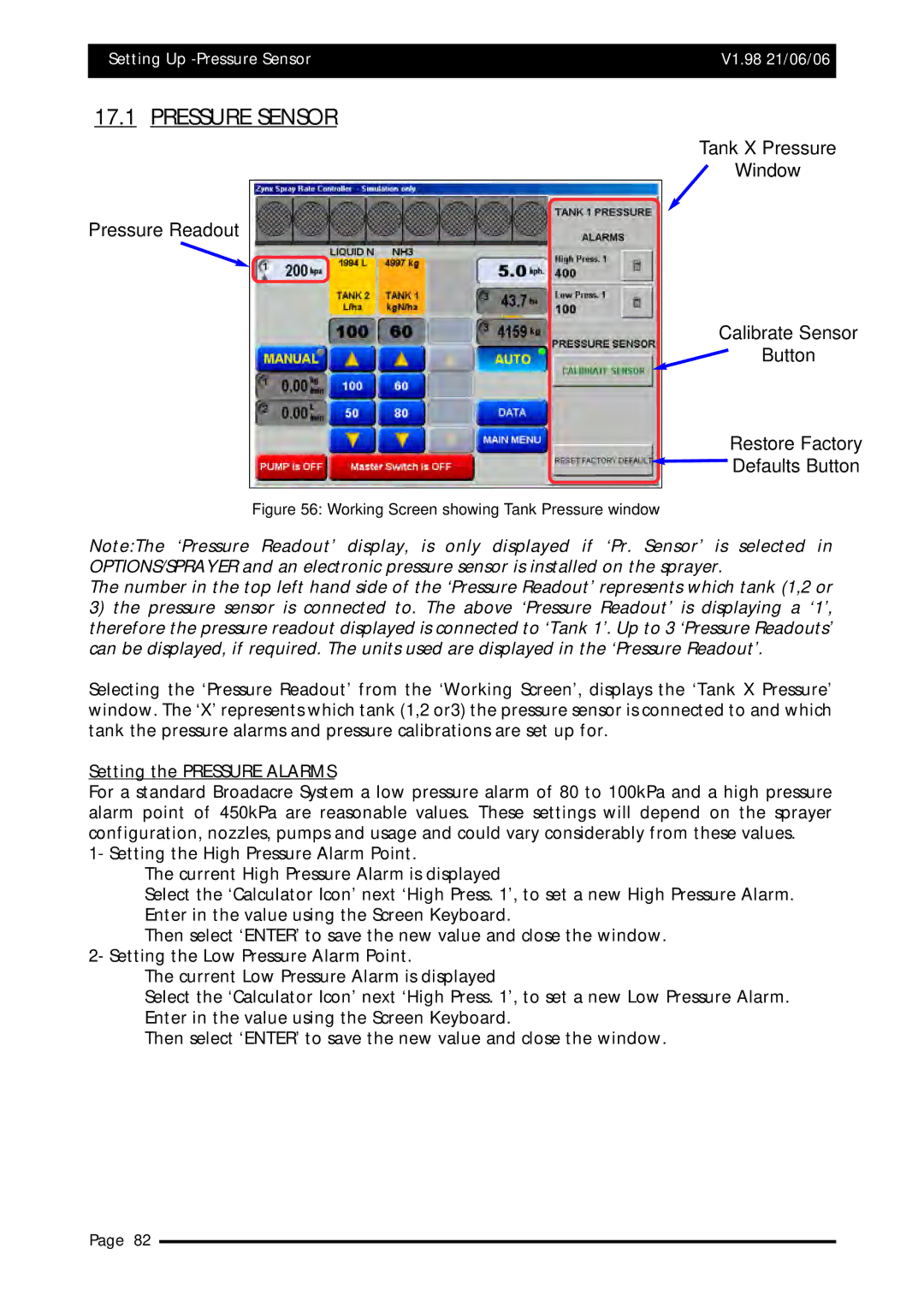 Topcom X20 manual Pressure Sensor, Working Screen showing Tank Pressure window 