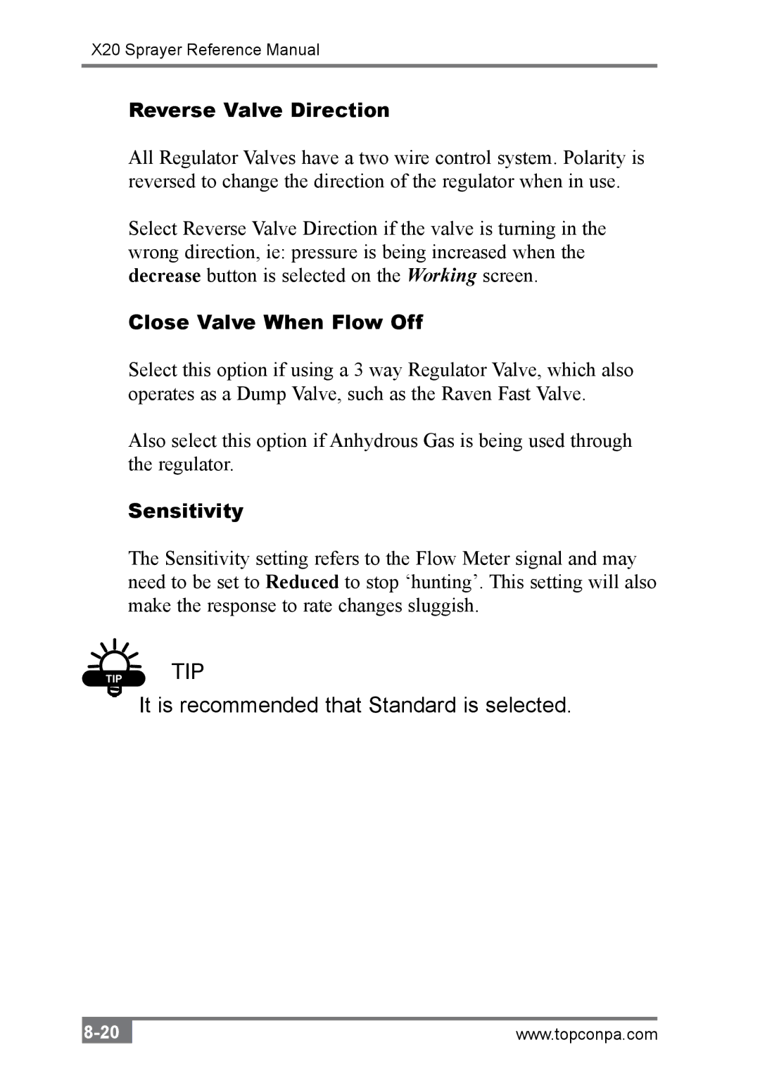 Topcon A2677 manual Reverse Valve Direction, Close Valve When Flow Off, Sensitivity 