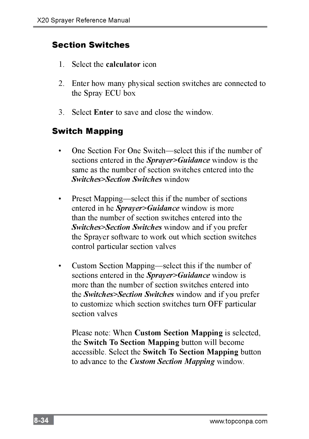 Topcon A2677 manual Section Switches, Switch Mapping 