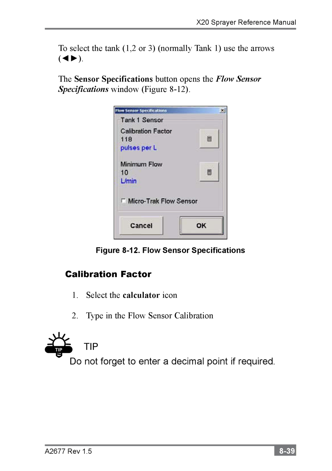 Topcon A2677 manual Calibration Factor, Flow Sensor Specifications 