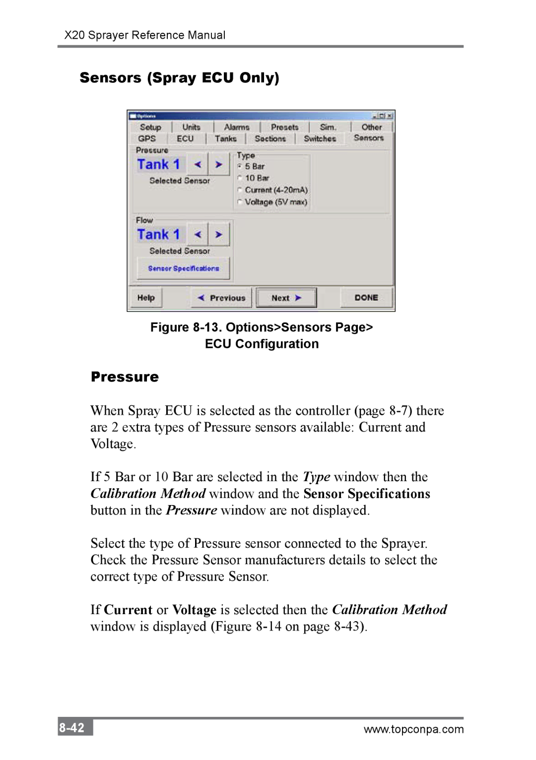 Topcon A2677 manual Sensors Spray ECU Only, OptionsSensors ECU Configuration 