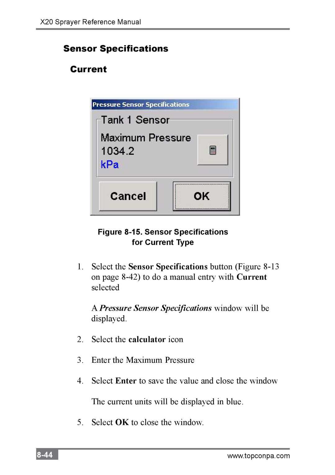 Topcon A2677 manual Sensor Specifications Current, Sensor Specifications For Current Type 